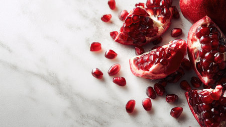 Vibrant pomegranate halves and scattered seeds lie on a textured marble background, capturing freshness and color ideal for food photography and recipes.の素材