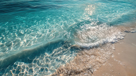 The image showcases a tranquil view of gentle waves lapping a sunny shoreline, highlighting the crystal-clear water and soft sand in a peaceful coastal setting.の素材