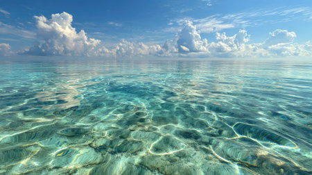Experience the beauty of a serene ocean view with crystal clear waters reflecting a vibrant blue sky and fluffy clouds, creating a tranquil landscape.の素材