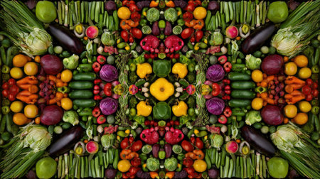 A vibrant display of assorted fresh vegetables arranged symmetrically, showcasing their vivid colors and textures, perfect for culinary inspiration and healthy eating.の素材