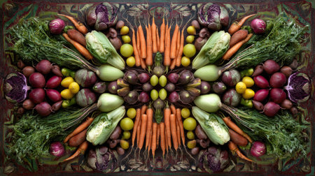 A beautifully arranged flatlay showcasing a variety of fresh vegetables and fruits. The colorful display highlights the beauty of natureの素材