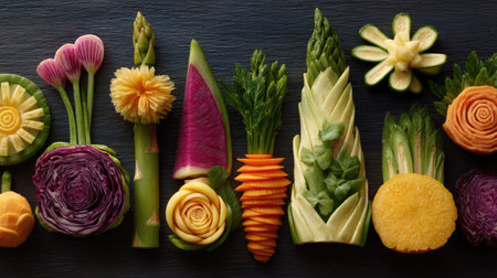 An exquisite arrangement of freshly carved vegetables showcasing brilliant colors and intricate designs. Perfect for culinary presentations and healthy lifestyle themes.の素材