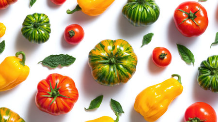 A visually striking arrangement of colorful tomatoes and bell peppers accompanied by fresh mint leaves, perfect for showcasing healthy eating and vibrant cooking.の素材