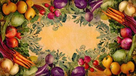A vibrant arrangement of fresh vegetables and herbs surrounds a blank space, perfect for showcasing text or custom designs. Ideal for food-related projects.の素材