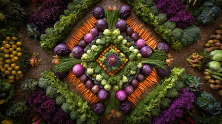 A striking geometric display of assorted fresh vegetables showcases a colorful array of greens, reds, and purples, highlighting their natural beauty.の素材