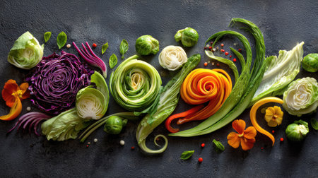 A stunning display of fresh vegetables artfully arranged with intricate cuts, showcasing vibrant colors and textures against a dark background, perfect for culinary inspiration.の素材