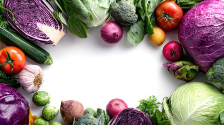 A vibrant display of fresh vegetables arranged in a circular pattern against a white background, perfect for promoting healthy meals and nutrition.の素材