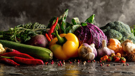 A stunning display of fresh organic vegetables including peppers, broccoli, and garlic, perfect for those seeking healthy cooking inspiration and nutrition tips.の素材