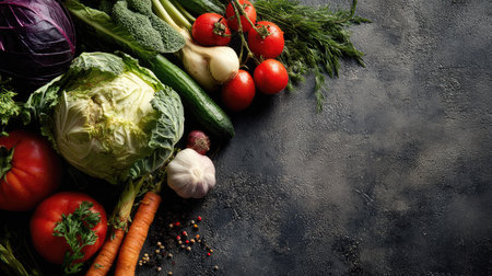 A visually appealing arrangement of fresh organic vegetables on a dark textured background, perfect for promoting healthy cooking and nutrition concepts.の素材