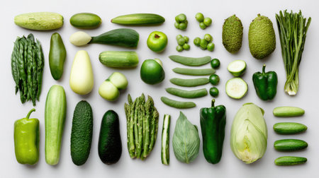 A vibrant display of assorted green vegetables arranged neatly on a gray surface. Ideal for promoting healthy eating, cooking, and culinary arts.の素材