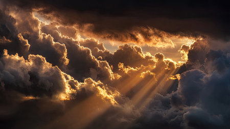 Experience the breathtaking beauty of a dramatic sunset with rays of light shining through dark clouds, creating a stunning natural atmosphere full of wonder.の素材