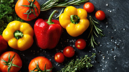 A vibrant array of fresh vegetables and herbs displayed on a dark stone background, perfect for promoting healthy cooking and culinary creativity.の素材