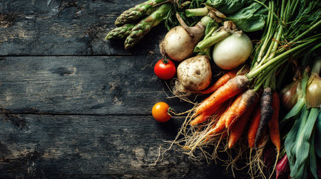 A stunning display of fresh vegetables, including carrots, tomatoes, onions, and asparagus, arranged artfully on a rustic wooden surface, showcasing vibrant colors and textures. Perfect for promoting healthy eating, farm-to-table cuisine, or garden-to-table recipes.の素材
