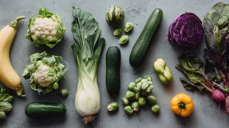 A stunning arrangement of various organic vegetables, showcasing vibrant colors and textures, perfect for health-conscious cooking and meal inspiration.の素材