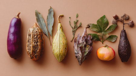 This captivating image showcases a diverse selection of colorful vegetables and leaves artfully arranged on a warm brown background, representing nature's beauty.の素材
