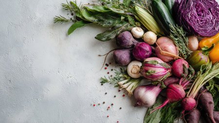 A vibrant and fresh assortment of vegetables artistically displayed on a textured surface, perfect for promoting healthy cooking and nutrition.の素材