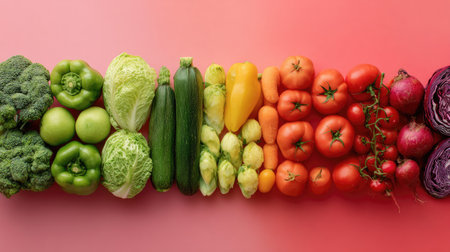A vibrant arrangement of fresh vegetables and fruits showcases a healthy lifestyle. Beautifully displayed against a pink background, this colorful assortment highlights nutrition and culinary creativity.の素材