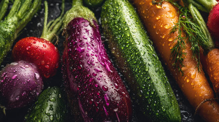 Capture the essence of fresh produce with this vibrant arrangement of vegetables. Water droplets enhance the natural appeal of carrots, cucumbers, radishes, and more.の素材