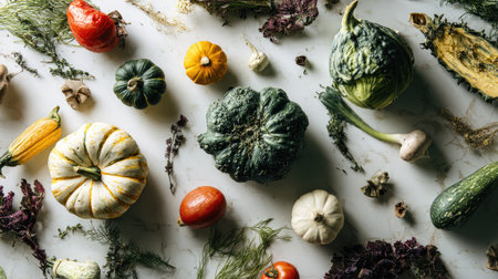 A vibrant assortment of harvest vegetables and herbs laid out on a rustic surface, showcasing the beauty and diversity of healthy culinary ingredients.の素材