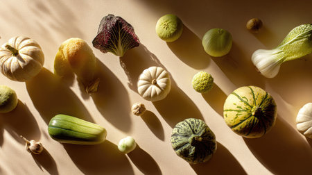 A beautifully arranged collection of various fresh vegetables and squash, showcasing unique shapes and colors against a soft cream background, creating an appealing visual feast.の素材