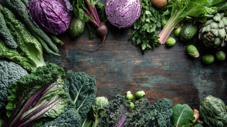 A vibrant assortment of fresh organic vegetables displayed on a rustic wooden table, ideal for healthy meal preparation and culinary inspiration.の素材