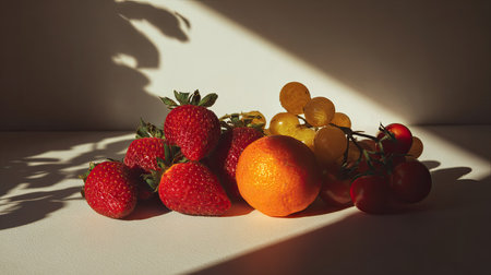 A captivating arrangement of fresh fruits including strawberries, an orange, green grapes, and cherry tomatoes, beautifully lit by natural sunlight, casting interesting shadows on a minimalistic surface, showcasing their vibrant colors and textures, perfect for food lovers and healthy lifestyle themes.の素材