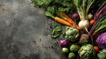 A vibrant array of fresh vegetables displayed on a textured dark surface, showcasing the beauty and variety of healthy eating options for culinary inspiration.の素材