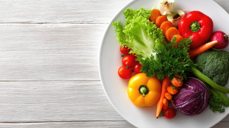 A vibrant assortment of fresh organic vegetables arranged on a white plate. Perfect for healthy meal preparation or vibrant salad recipes. Ideal for culinary uses.の素材