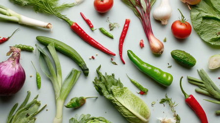 An array of fresh vegetables is presented artistically on a soft light background, perfect for showcasing healthy eating and culinary inspiration.の素材