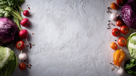 A vibrant assortment of fresh vegetables displayed artistically on a textured gray surface, perfect for promoting healthy cooking and nutrition.の素材