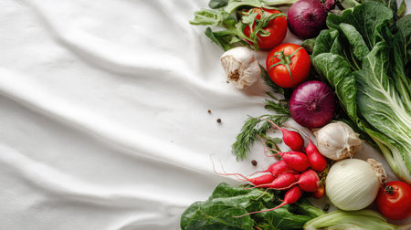 A vibrant display of fresh organic vegetables, including tomatoes, radishes, and greens, arranged artistically on a white cloth, perfect for culinary inspiration.の素材