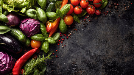 A vibrant display of fresh organic vegetables and herbs showcases a culinary assortment on a dark rustic background, perfect for healthy cooking inspiration.の素材