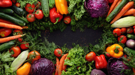 A vibrant collection of fresh vegetables arranged on a dark surface, providing a perfect backdrop for healthy eating concepts or culinary creativity.の素材