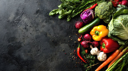 A vibrant assortment of fresh organic vegetables arranged on a dark textured surface, perfect for healthy eating inspiration and culinary creativity.の素材