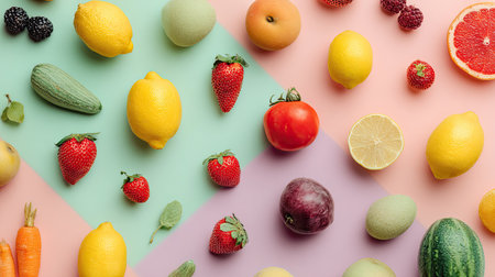 A beautiful display of assorted fruits and vegetables on a colorful background showcases the freshness and vibrant colors of nature's bounty.の素材