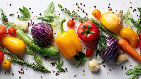A stunning arrangement of fresh organic vegetables featuring vibrant peppers, tomatoes, and herbs on a white surface, ideal for healthy meal inspiration.の素材