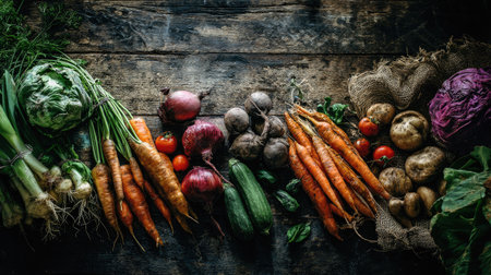 A vibrant assortment of fresh organic vegetables placed on a rustic wooden table. This arrangement showcases the natural beauty and textures of colorful produce, perfect for culinary themes and health-focused concepts.の素材