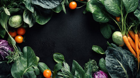 A vibrant assortment of fresh organic vegetables creates an inviting frame against a dark background, perfect for healthy cooking and dining themes.の素材