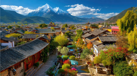 This stunning image showcases traditional architecture nestled in a picturesque valley surrounded by majestic mountains and vibrant gardens, reflecting tranquility.の素材
