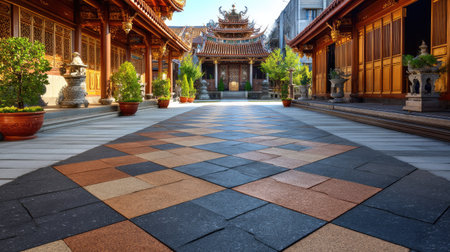 Discover the beauty of a tranquil Asian courtyard featuring intricate architecture, colorful stone pathways, and lush greenery in a serene setting.の素材