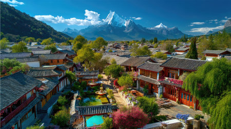 Explore a captivating landscape featuring a traditional village nestled in a valley, surrounded by majestic mountains, vibrant gardens, and a serene atmosphere.の素材