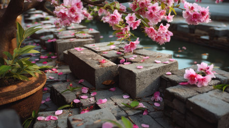 A serene garden scene featuring pink blossoms cascading near a tranquil pond, surrounded by stone pathways and fresh greenery. Perfect for nature lovers.の素材