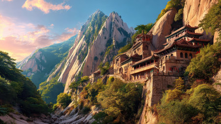 Experience the breathtaking beauty of an ancient structure set against a stunning mountain backdrop, where nature and history intertwine harmoniously.の素材