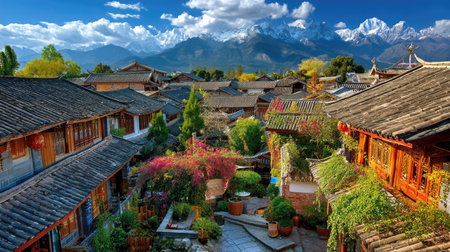 A breathtaking image showcasing traditional architecture nestled in a vibrant village garden, surrounded by majestic mountains under a bright blue sky.の素材