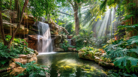 Explore a breathtaking tropical oasis featuring a gentle waterfall cascading into a tranquil pond, surrounded by vibrant greenery and softly illuminated by sunlight streaming through the lush canopy above.の素材