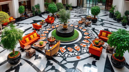 A stunning hotel lobby showcasing modern design elements, vibrant seating, and abundant greenery, creating an inviting and luxurious atmosphere.の素材