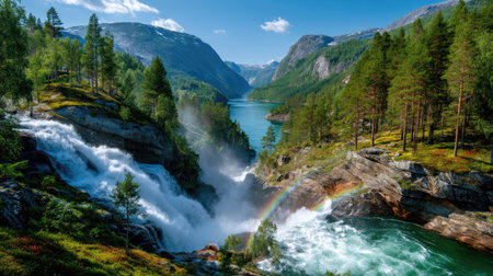 Witness the stunning beauty of a majestic waterfall cascading into a vibrant lake, embraced by lush forests and breathtaking mountain scenery, creating a serene atmosphere.の素材