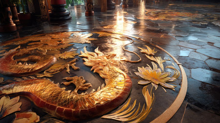 An exquisite golden dragon mosaic graces a dark stone floor in a beautifully designed interior, showcasing intricate craftsmanship and cultural heritage.の素材