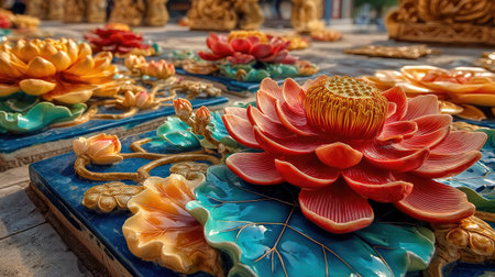 This stunning decorative art features colorful lotus flowers crafted from ceramic, showcasing intricate details and vibrant colors. Perfect for inspiring creativity.の素材