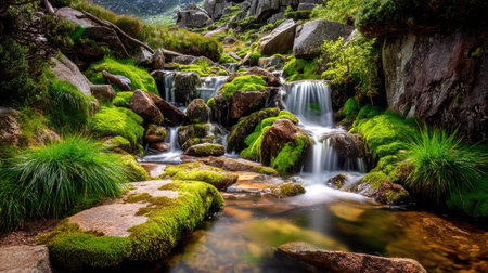 This stunning image captures peaceful waterfalls cascading over moss-covered rocks in a vibrant green forest. Sunlight filters through the trees, creating a tranquil atmosphere.の素材